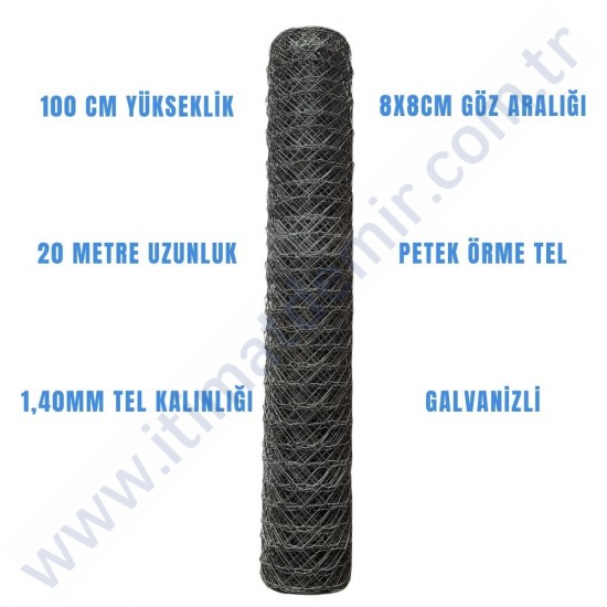 Galvanizli Bahçe Petek Örgü Teli (8 cm Göz Genişliği, 1.40 mm Tel Kalınlığı) H:100cm. 20m