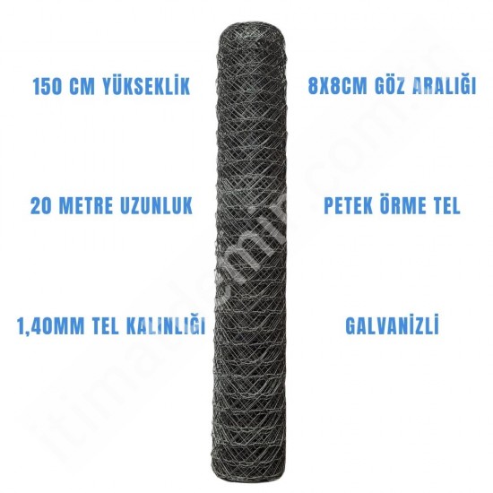 Galvanizli Bahçe Petek Örgü Teli (8 cm Göz Genişliği, 1.40 mm Tel Kalınlığı) H:150cm. 20m