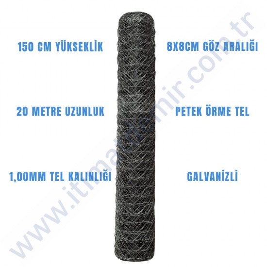 Galvanizli Bahçe Petek Örgü Teli (8 cm Göz Genişliği, 1.00 mm Tel Kalınlığı) H:150cm. 20m