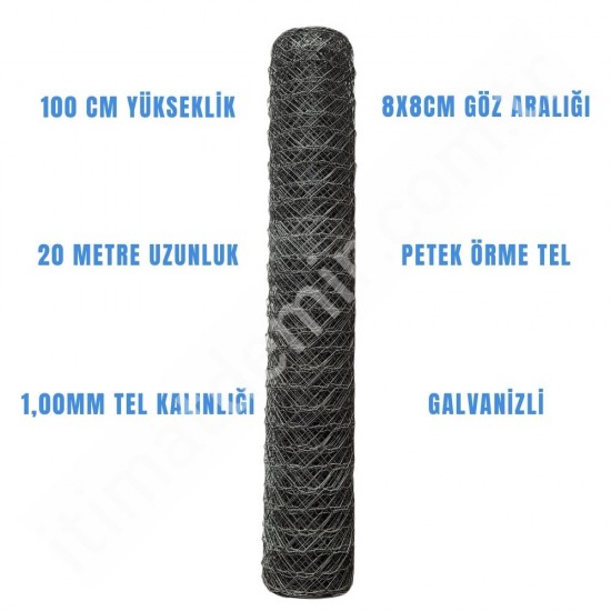 Galvanizli Bahçe Petek Örgü Teli (8 cm Göz Genişliği, 1.00 mm Tel Kalınlığı) H:100cm. 20m Galvanizli Bahçe Petek Örgü Teli (8 cm Göz Genişliği, 1.00 mm Tel Kalınlığı) H:100cm. 20m