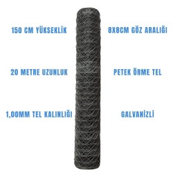 Galvanizli Bahçe Petek Örgü Teli (8 cm Göz Genişliği, 1.00 mm Tel Kalınlığı) H:150cm. 20m