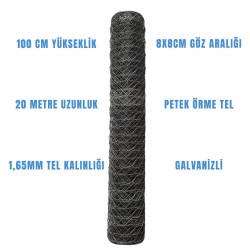 Galvanizli Bahçe Petek Örgü Teli (8 cm Göz Genişliği, 1.65 mm Tel Kalınlığı) H:100cm. 20m